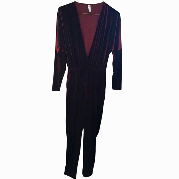 American Apparel Women's Small Jumpsuit Burgundy Velvet Deep V Plunging Neckline - Picture 2 of 9